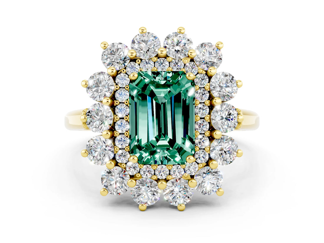 Yellow gold Emerald Cut Green Sapphire Floral Double Halo Engagement Ring with Prong Setting_60