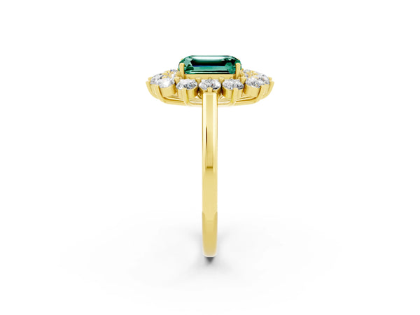 Yellow gold Emerald Cut Green Sapphire Floral Double Halo Engagement Ring with Prong Setting