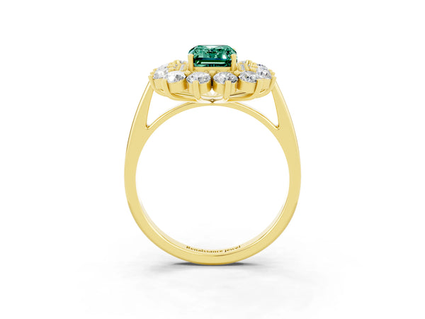Yellow gold Emerald Cut Green Sapphire Floral Double Halo Engagement Ring with Prong Setting
