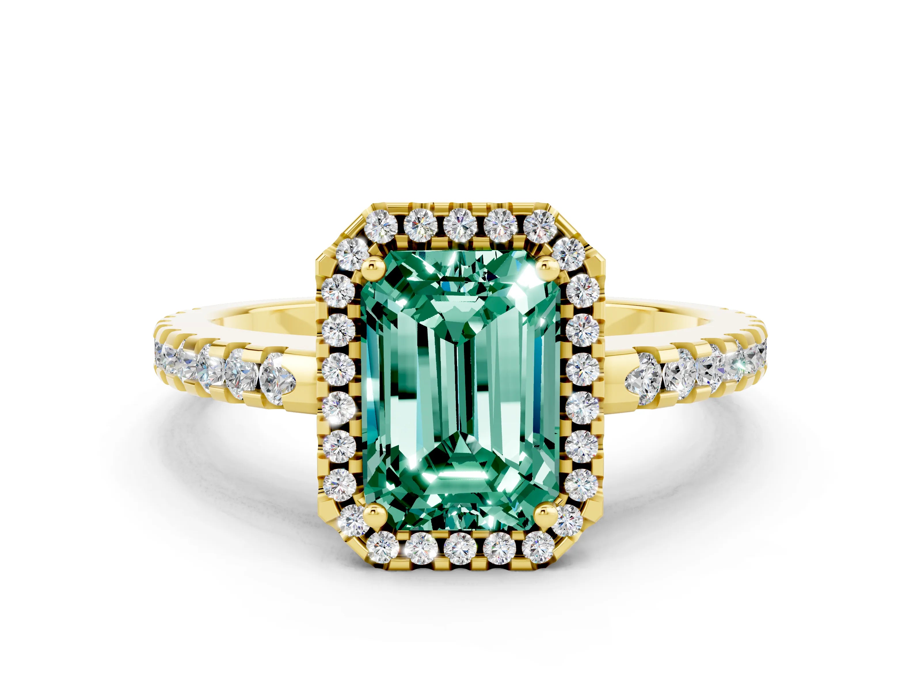 Yellow gold Emerald Cut Green Sapphire Halo Engagement Ring with Pavé Band and Prong Setting_12