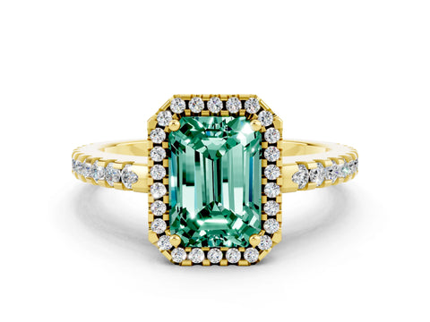 Yellow gold Emerald Cut Green Sapphire Halo Engagement Ring with Pavé Band and Prong Setting_12