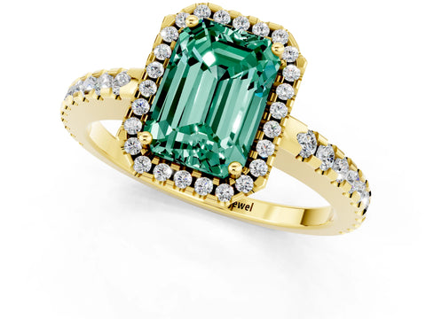 Yellow gold Emerald Cut Green Sapphire Halo Engagement Ring with Pavé Band and Prong Setting_13