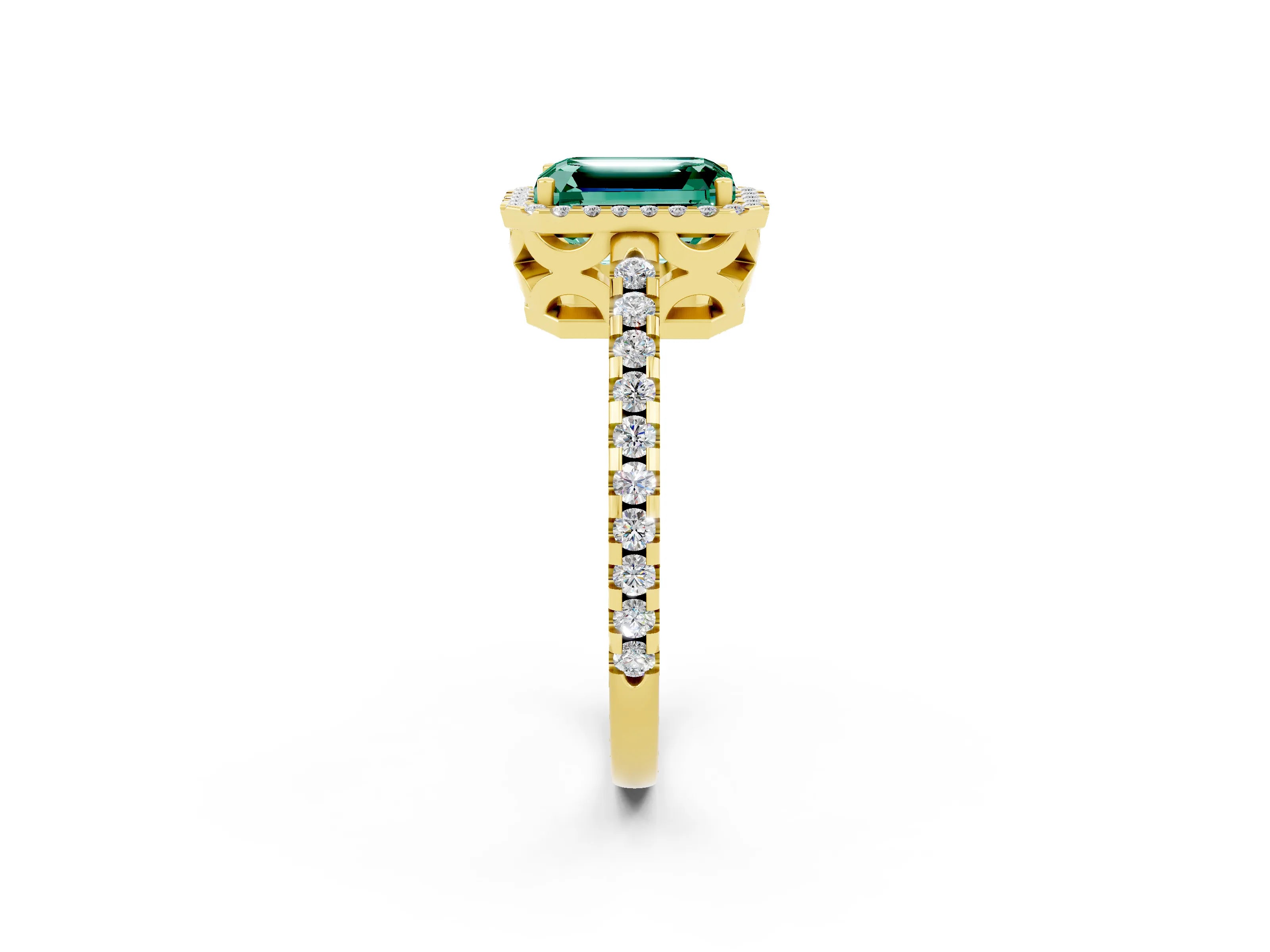 Yellow gold Emerald Cut Green Sapphire Halo Engagement Ring with Pavé Band and Prong Setting_14