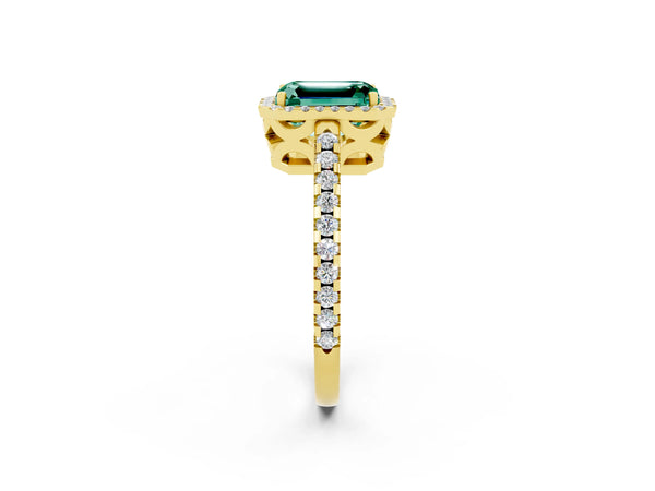 Yellow gold Emerald Cut Green Sapphire Halo Engagement Ring with Pavé Band and Prong Setting