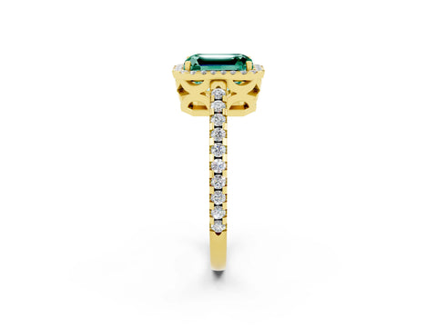 Yellow gold Emerald Cut Green Sapphire Halo Engagement Ring with Pavé Band and Prong Setting_14