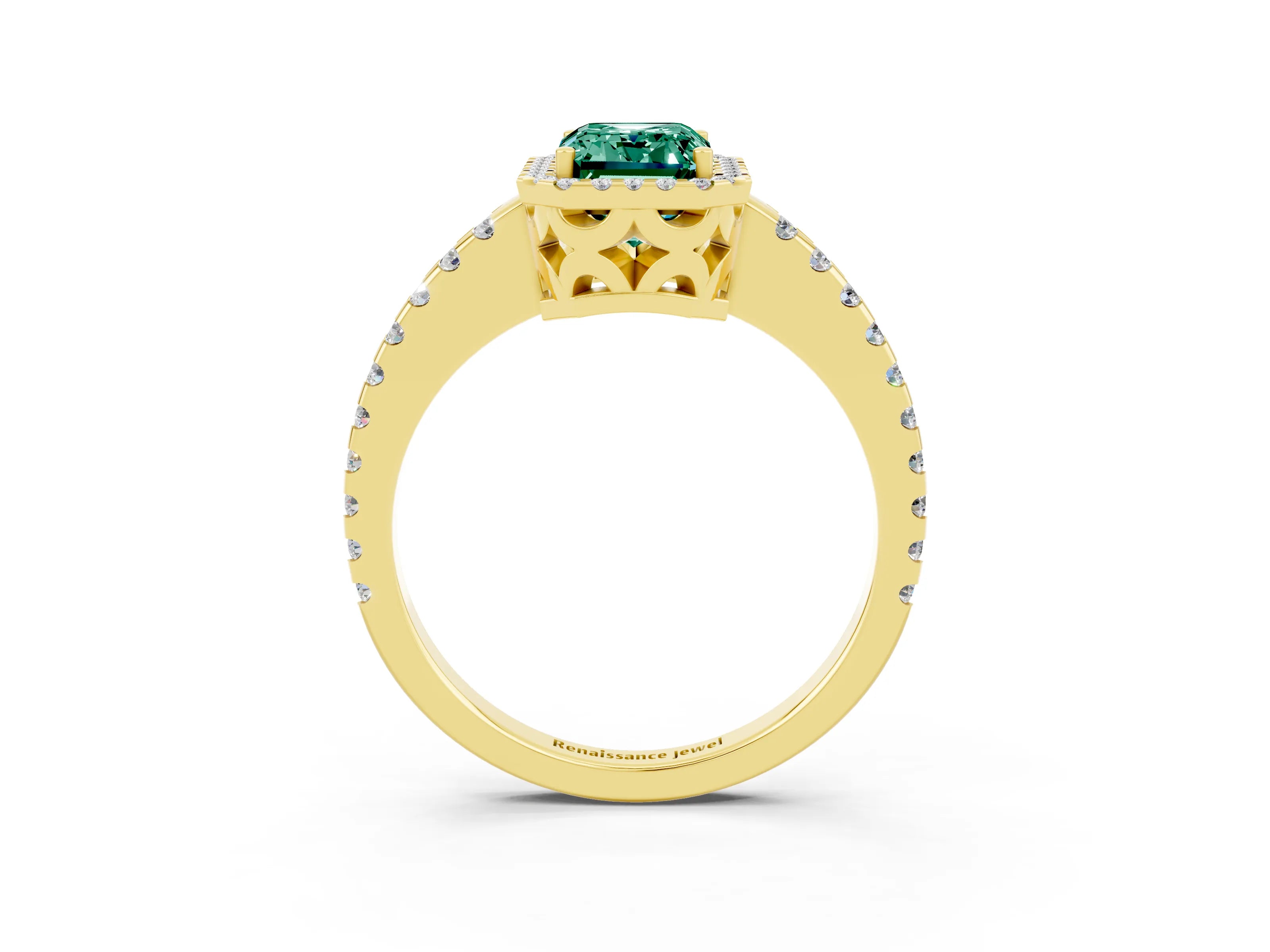 Yellow gold Emerald Cut Green Sapphire Halo Engagement Ring with Pavé Band and Prong Setting_15