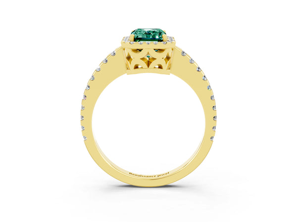 Yellow gold Emerald Cut Green Sapphire Halo Engagement Ring with Pavé Band and Prong Setting