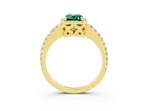 Yellow gold Emerald Cut Green Sapphire Halo Engagement Ring with Pavé Band and Prong Setting_15