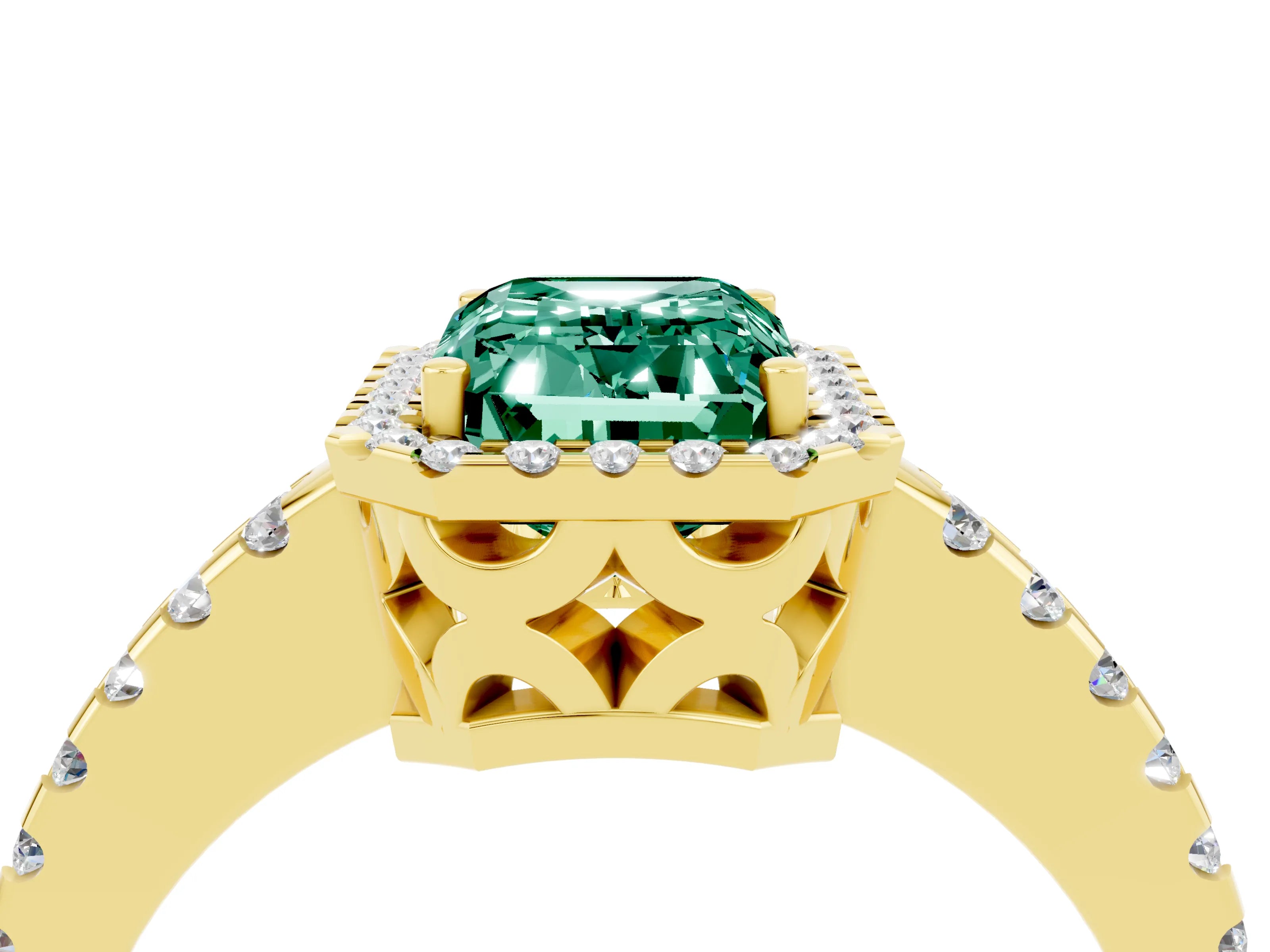 Yellow gold Emerald Cut Green Sapphire Halo Engagement Ring with Pavé Band and Prong Setting_16