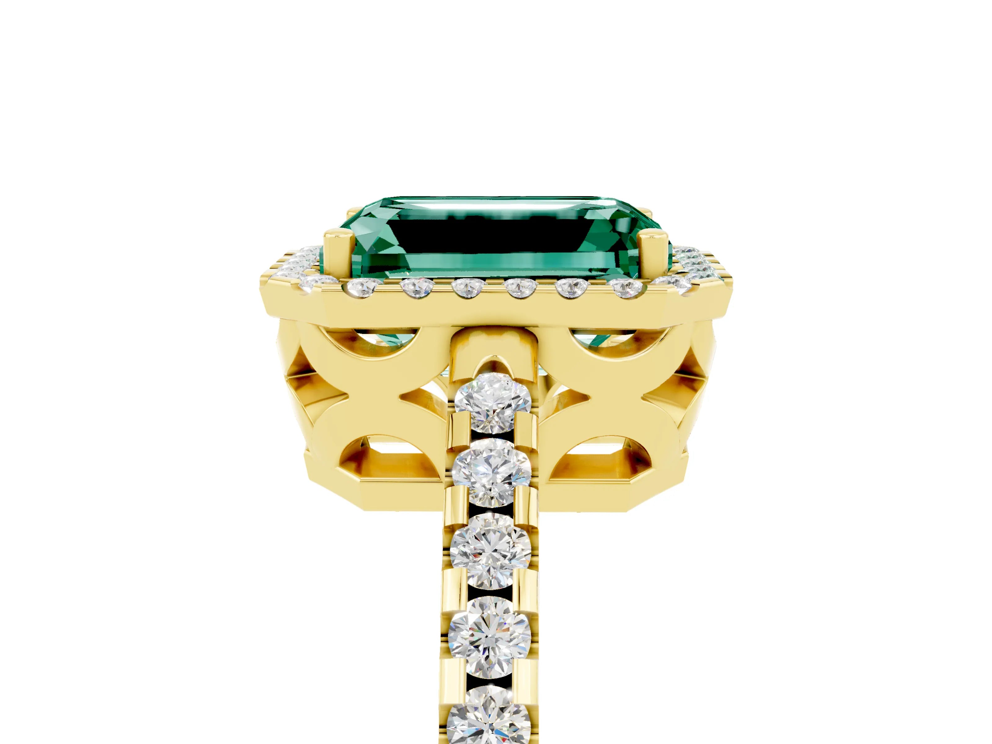 Yellow gold Emerald Cut Green Sapphire Halo Engagement Ring with Pavé Band and Prong Setting_17