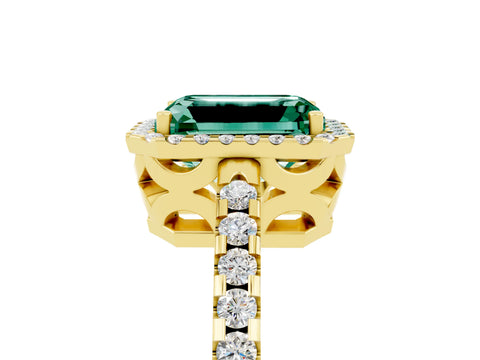 Yellow gold Emerald Cut Green Sapphire Halo Engagement Ring with Pavé Band and Prong Setting_17