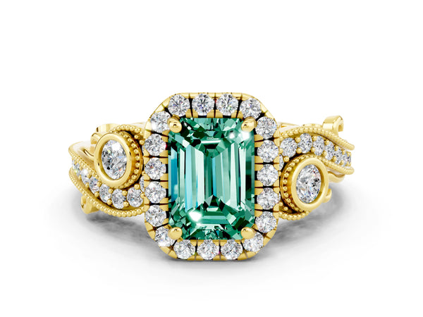 Yellow gold Emerald Cut Green Sapphire Halo Ring with Milgrain Pavé Band and Four-Prong Setting