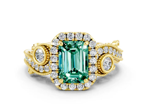 Yellow gold Emerald Cut Green Sapphire Halo Ring with Milgrain Pavé Band and Four-Prong Setting_12
