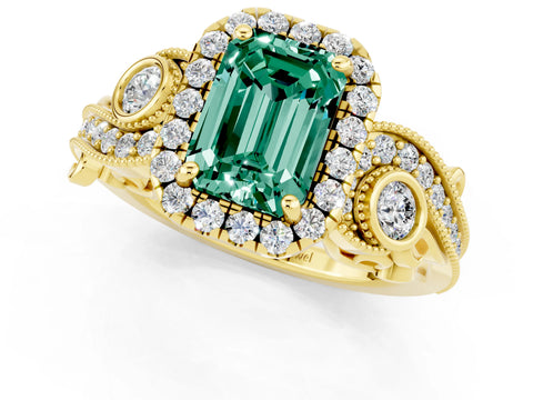 Yellow gold Emerald Cut Green Sapphire Halo Ring with Milgrain Pavé Band and Four-Prong Setting_13