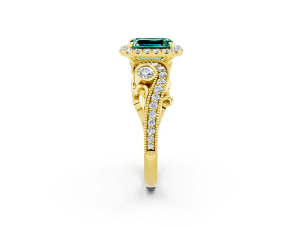 Yellow gold Emerald Cut Green Sapphire Halo Ring with Milgrain Pavé Band and Four-Prong Setting