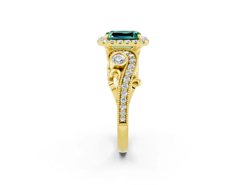 Yellow gold Emerald Cut Green Sapphire Halo Ring with Milgrain Pavé Band and Four-Prong Setting_14