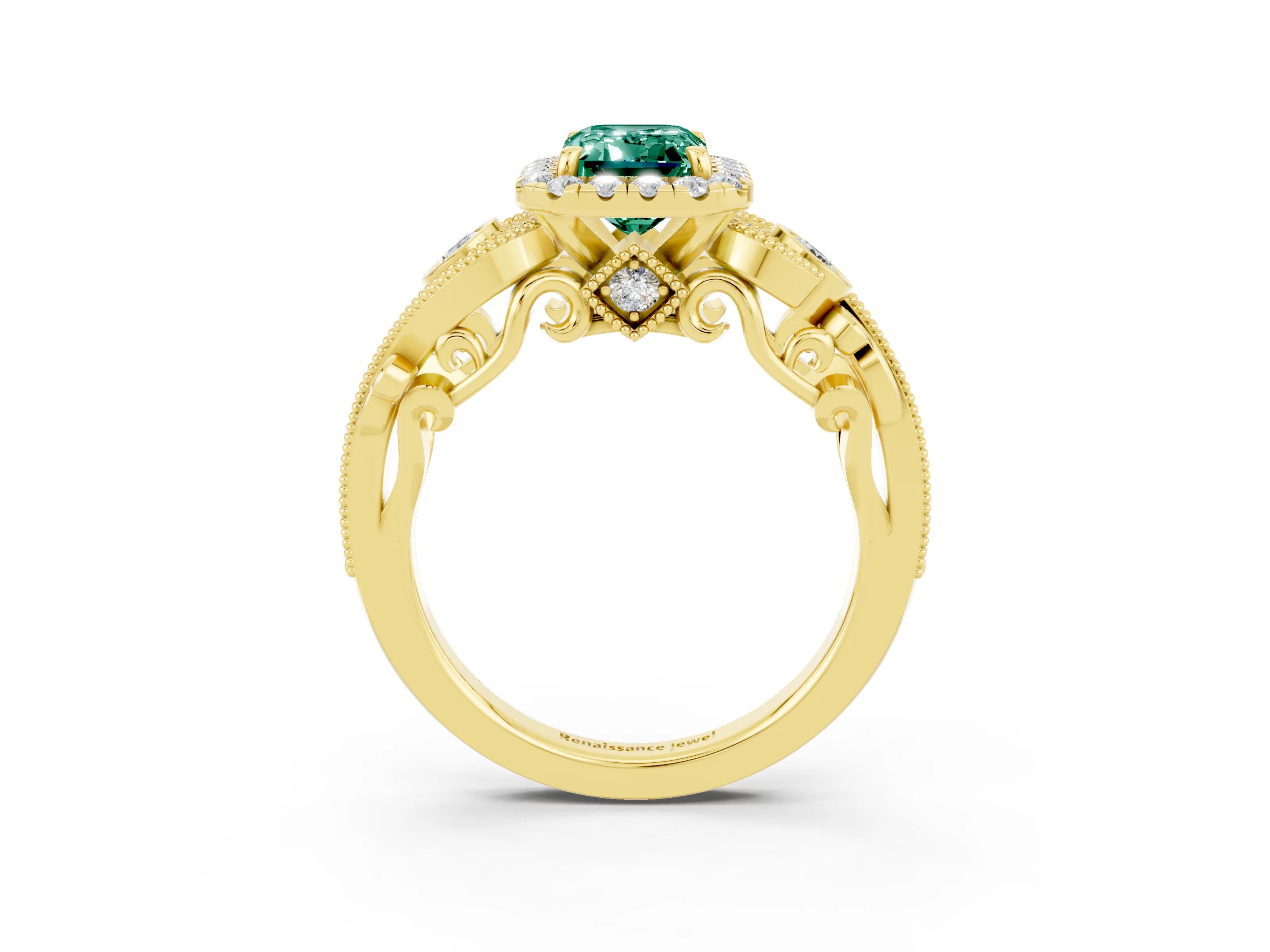 Yellow gold Emerald Cut Green Sapphire Halo Ring with Milgrain Pavé Band and Four-Prong Setting_15