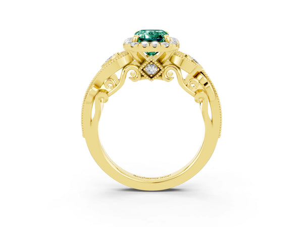 Yellow gold Emerald Cut Green Sapphire Halo Ring with Milgrain Pavé Band and Four-Prong Setting