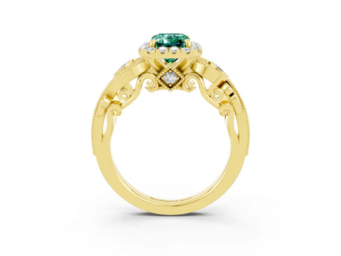 Yellow gold Emerald Cut Green Sapphire Halo Ring with Milgrain Pavé Band and Four-Prong Setting_15