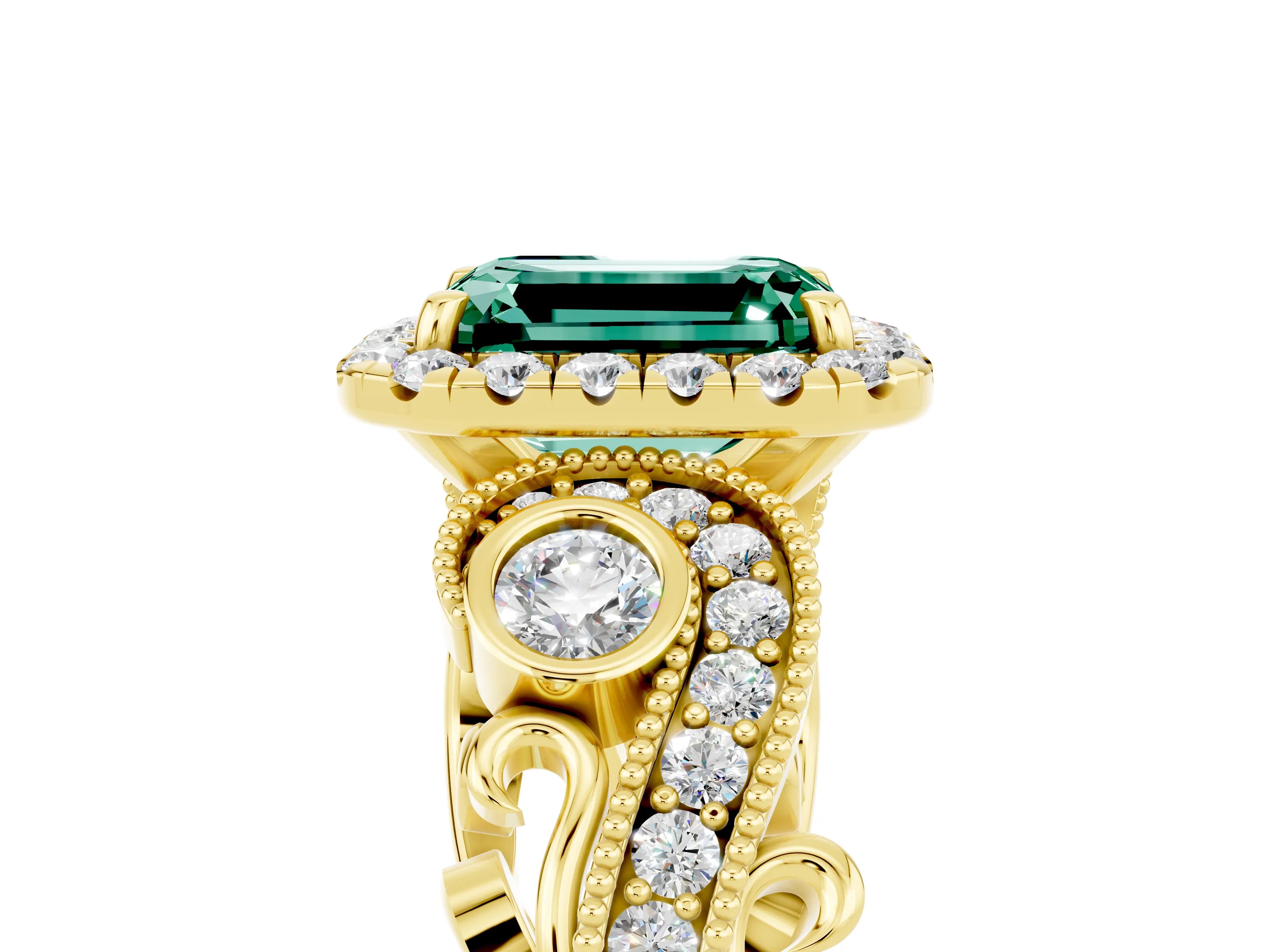 Yellow gold Emerald Cut Green Sapphire Halo Ring with Milgrain Pavé Band and Four-Prong Setting_17