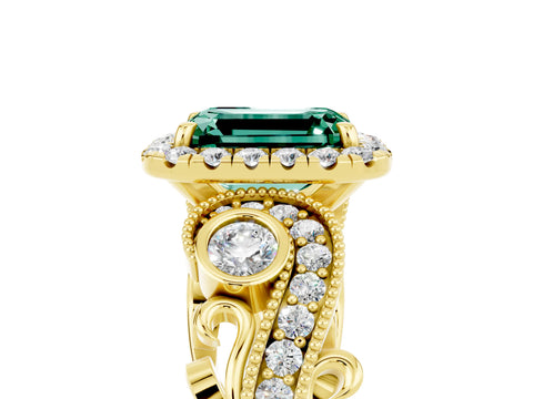 Yellow gold Emerald Cut Green Sapphire Halo Ring with Milgrain Pavé Band and Four-Prong Setting_17