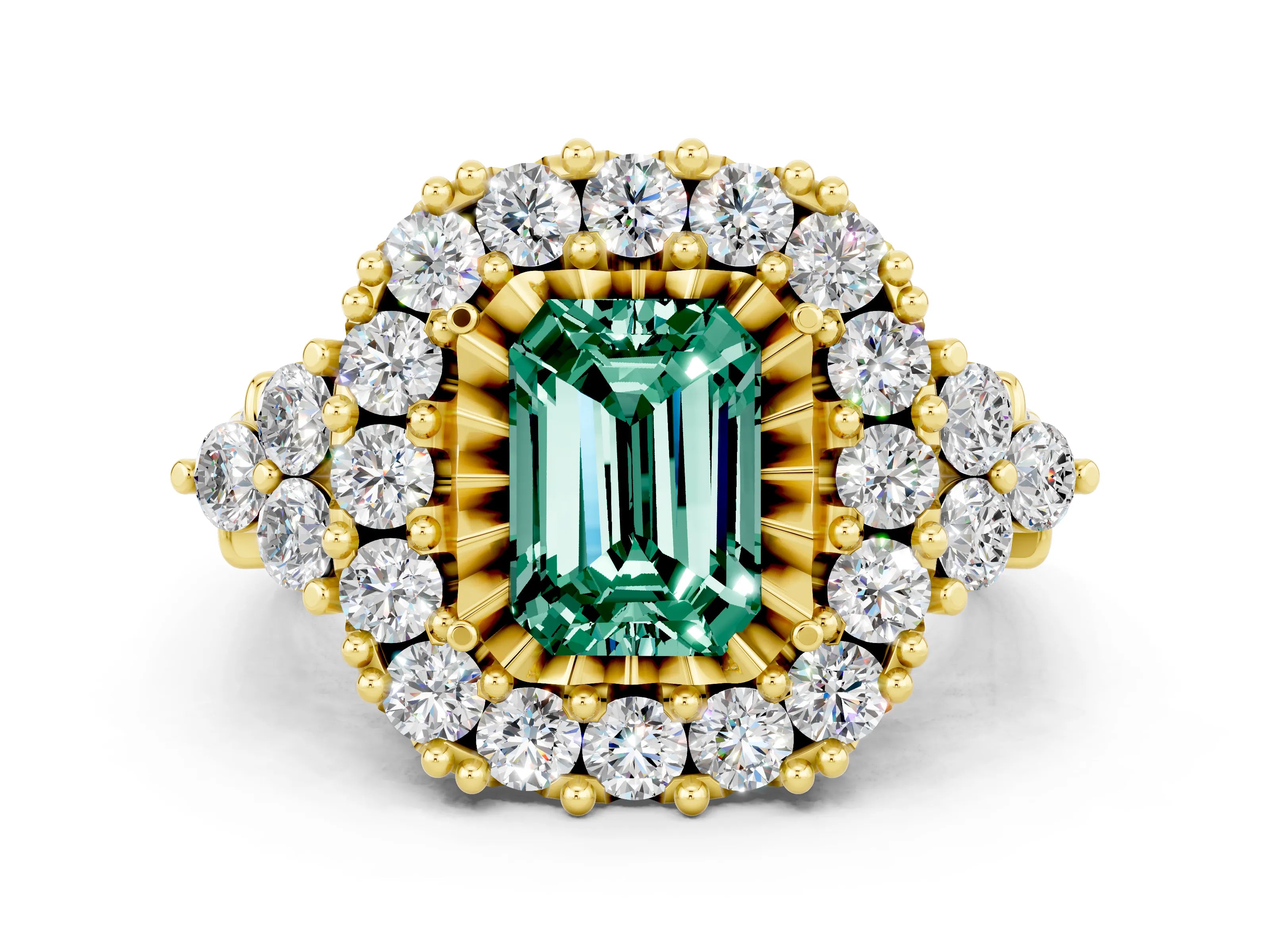 Yellow gold Emerald Cut Green Sapphire Halo Ring with Pavé Band and Four-Prong Setting_12