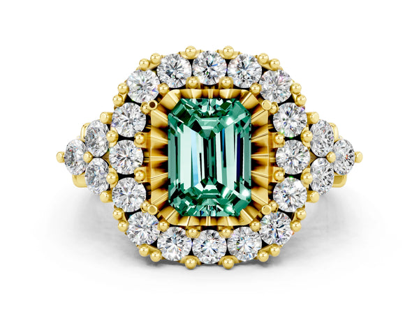 Yellow gold Emerald Cut Green Sapphire Halo Ring with Pavé Band and Four-Prong Setting