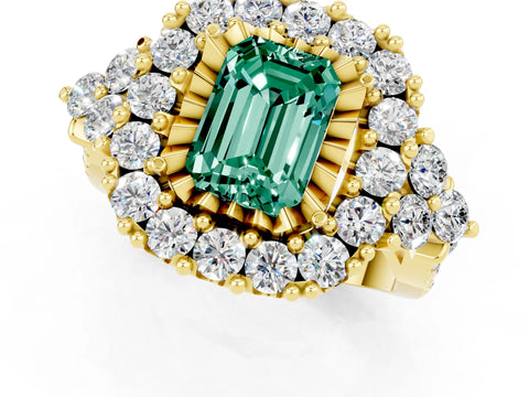 Yellow gold Emerald Cut Green Sapphire Halo Ring with Pavé Band and Four-Prong Setting_13