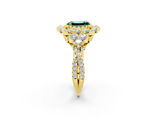 Yellow gold Emerald Cut Green Sapphire Halo Ring with Pavé Band and Four-Prong Setting
