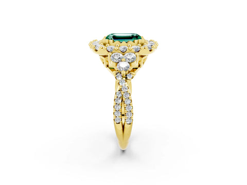 Yellow gold Emerald Cut Green Sapphire Halo Ring with Pavé Band and Four-Prong Setting_14