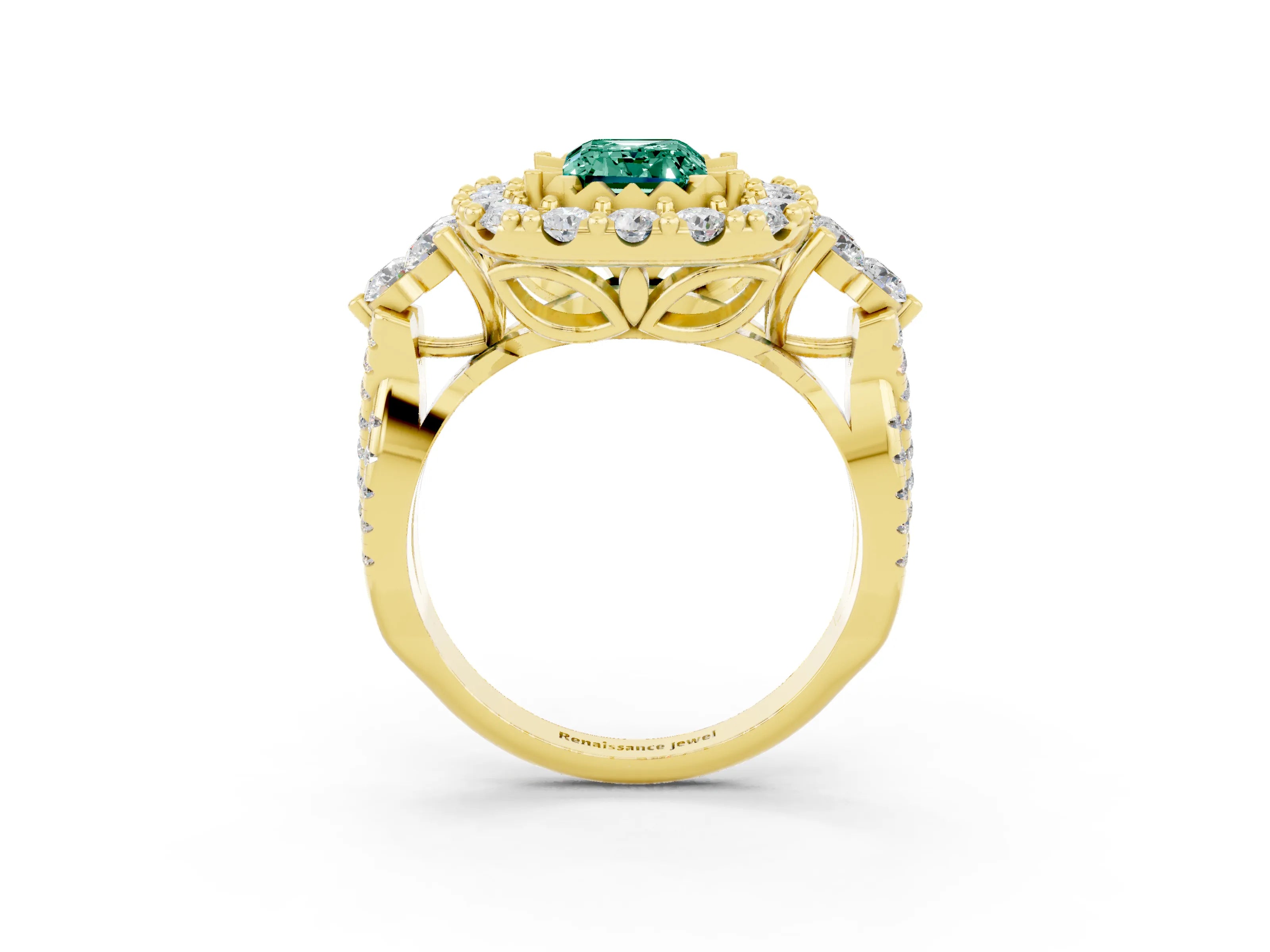Yellow gold Emerald Cut Green Sapphire Halo Ring with Pavé Band and Four-Prong Setting_15
