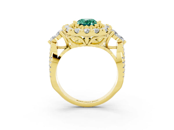 Yellow gold Emerald Cut Green Sapphire Halo Ring with Pavé Band and Four-Prong Setting
