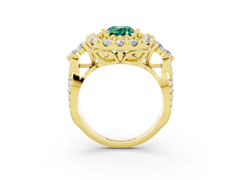 Yellow gold Emerald Cut Green Sapphire Halo Ring with Pavé Band and Four-Prong Setting_15