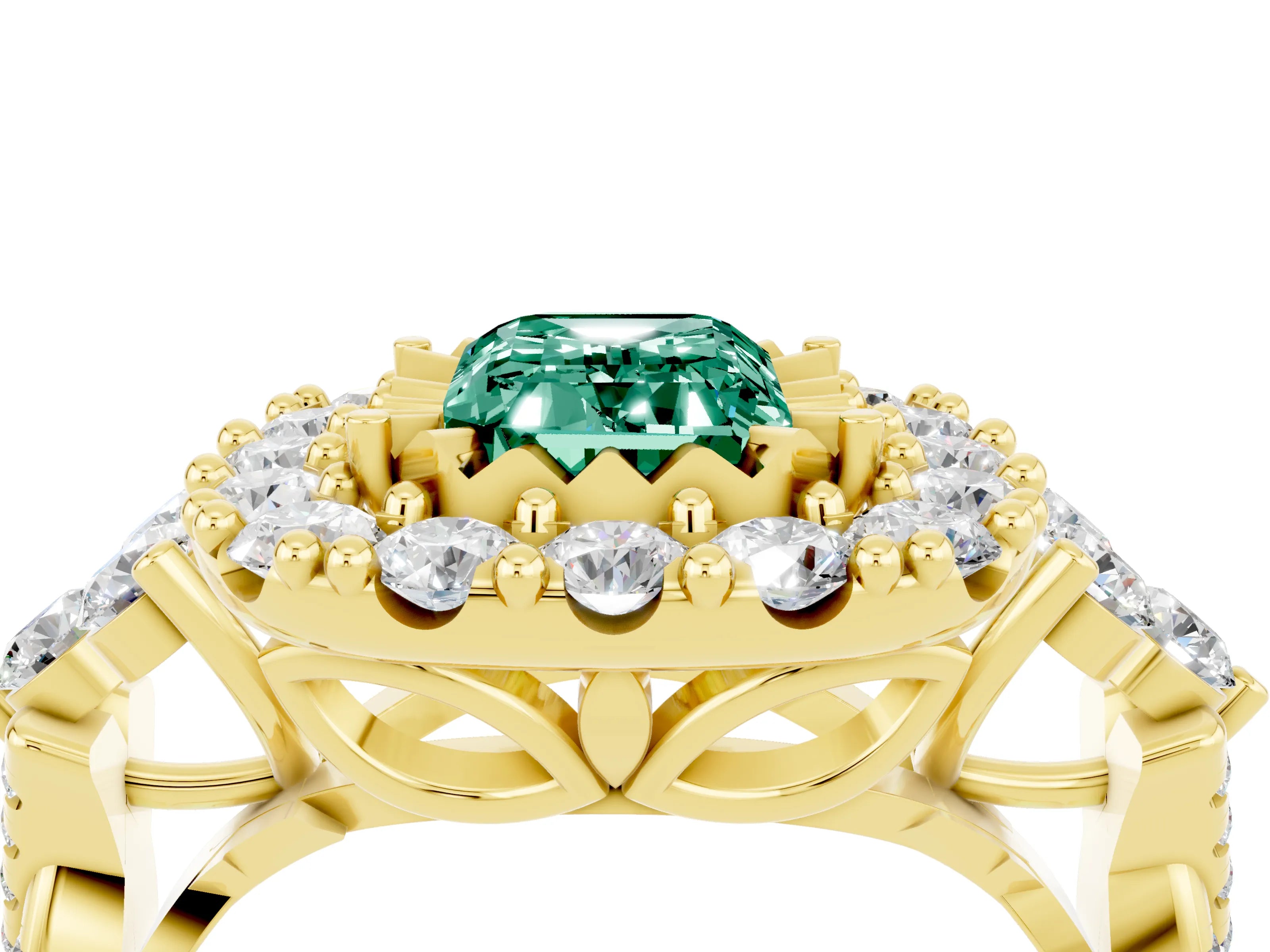 Yellow gold Emerald Cut Green Sapphire Halo Ring with Pavé Band and Four-Prong Setting_16