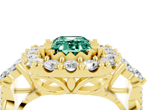 Yellow gold Emerald Cut Green Sapphire Halo Ring with Pavé Band and Four-Prong Setting_16