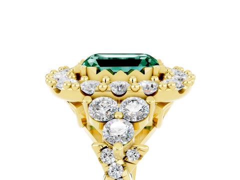 Yellow gold Emerald Cut Green Sapphire Halo Ring with Pavé Band and Four-Prong Setting_17