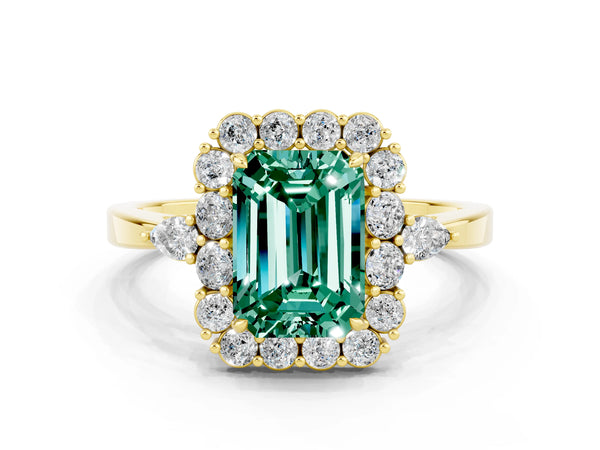 Yellow gold Emerald Cut Green Sapphire Halo Ring with Pear Side Stones and Prong Setting