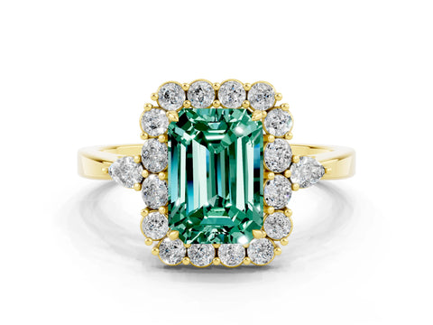 Yellow gold Emerald Cut Green Sapphire Halo Ring with Pear Side Stones and Prong Setting_12