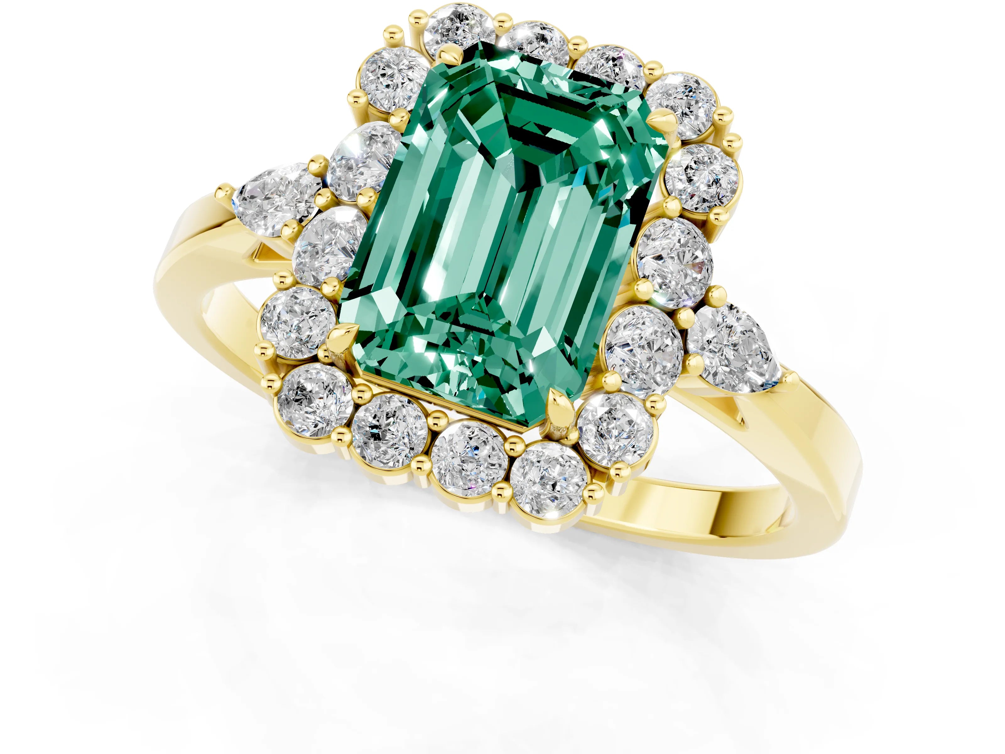 Yellow gold Emerald Cut Green Sapphire Halo Ring with Pear Side Stones and Prong Setting_13