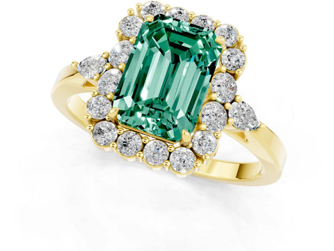 Yellow gold Emerald Cut Green Sapphire Halo Ring with Pear Side Stones and Prong Setting_13