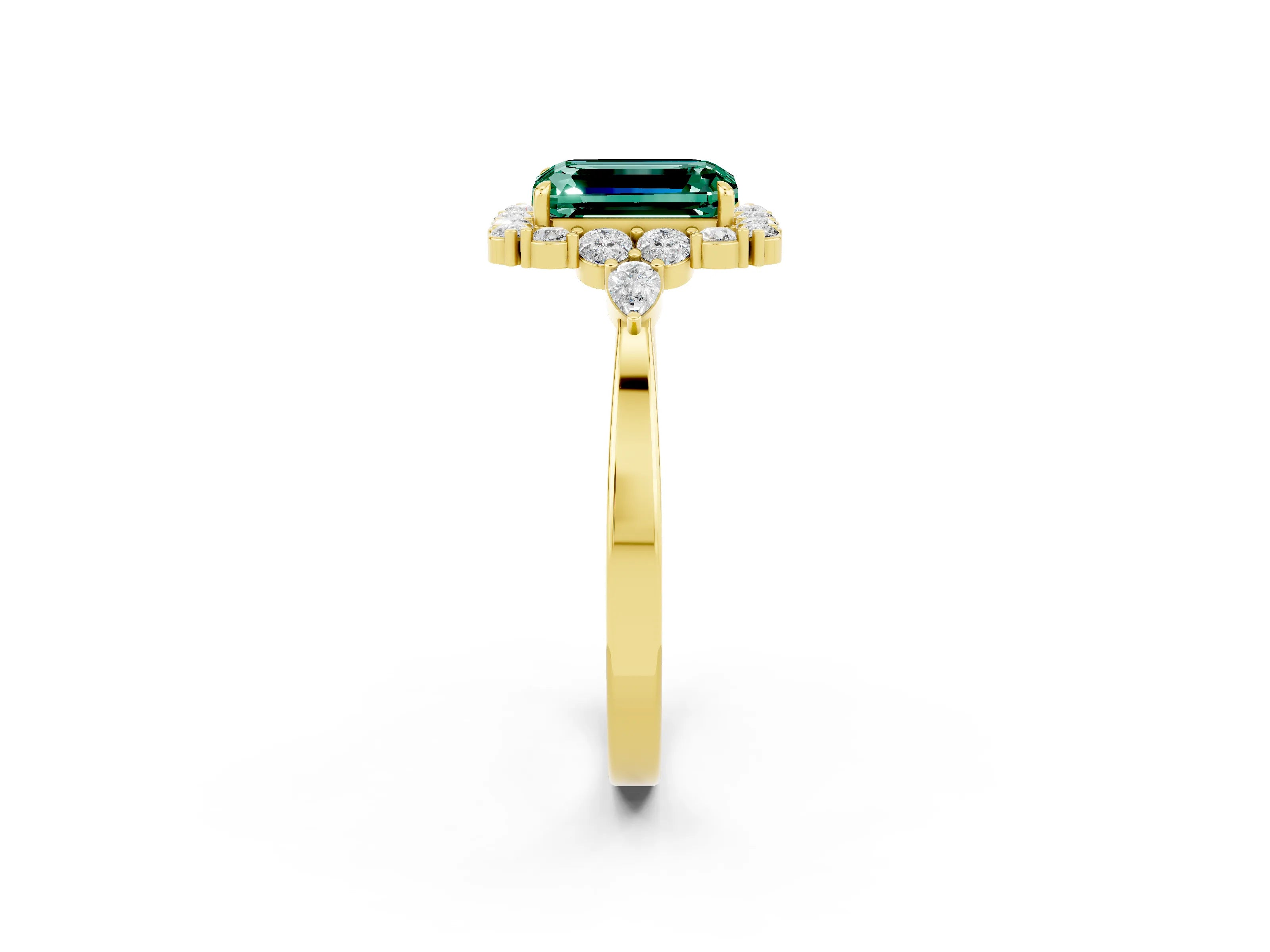 Yellow gold Emerald Cut Green Sapphire Halo Ring with Pear Side Stones and Prong Setting_14