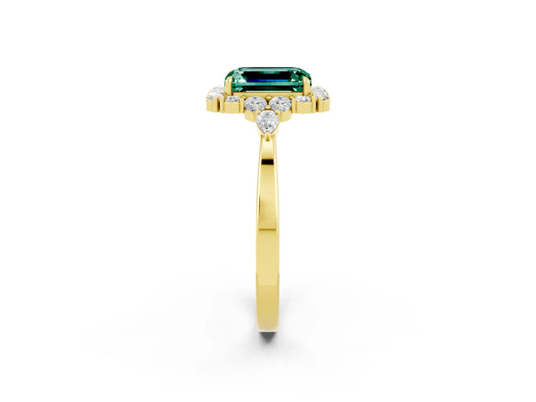 Yellow gold Emerald Cut Green Sapphire Halo Ring with Pear Side Stones and Prong Setting