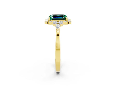 Yellow gold Emerald Cut Green Sapphire Halo Ring with Pear Side Stones and Prong Setting_14