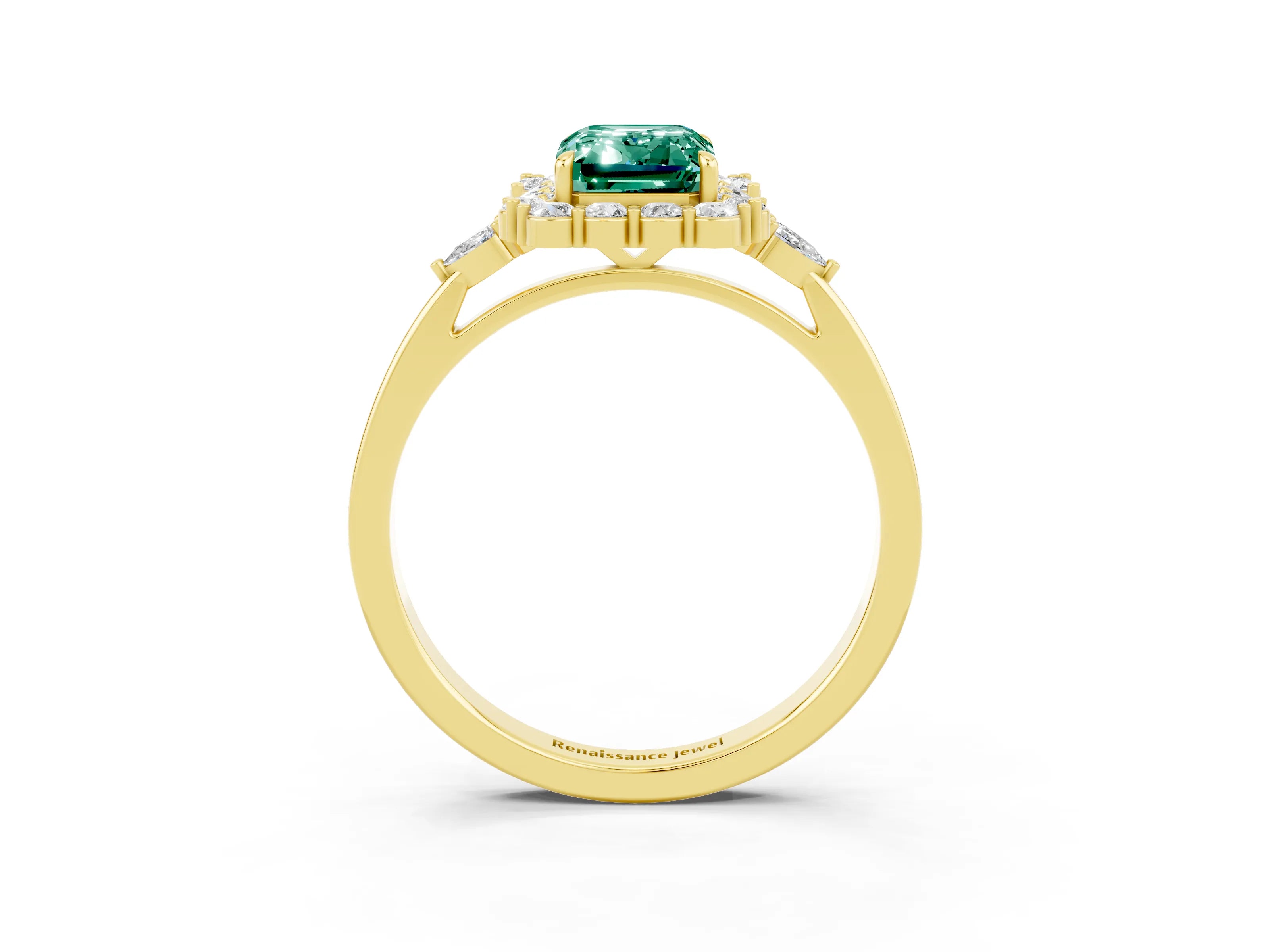Yellow gold Emerald Cut Green Sapphire Halo Ring with Pear Side Stones and Prong Setting_15