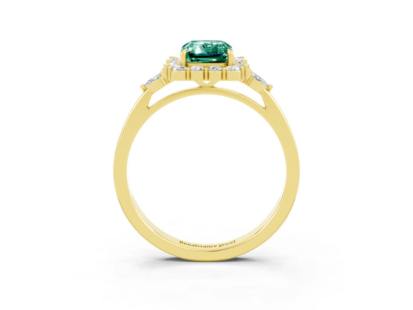 Yellow gold Emerald Cut Green Sapphire Halo Ring with Pear Side Stones and Prong Setting