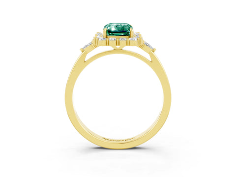 Yellow gold Emerald Cut Green Sapphire Halo Ring with Pear Side Stones and Prong Setting_15