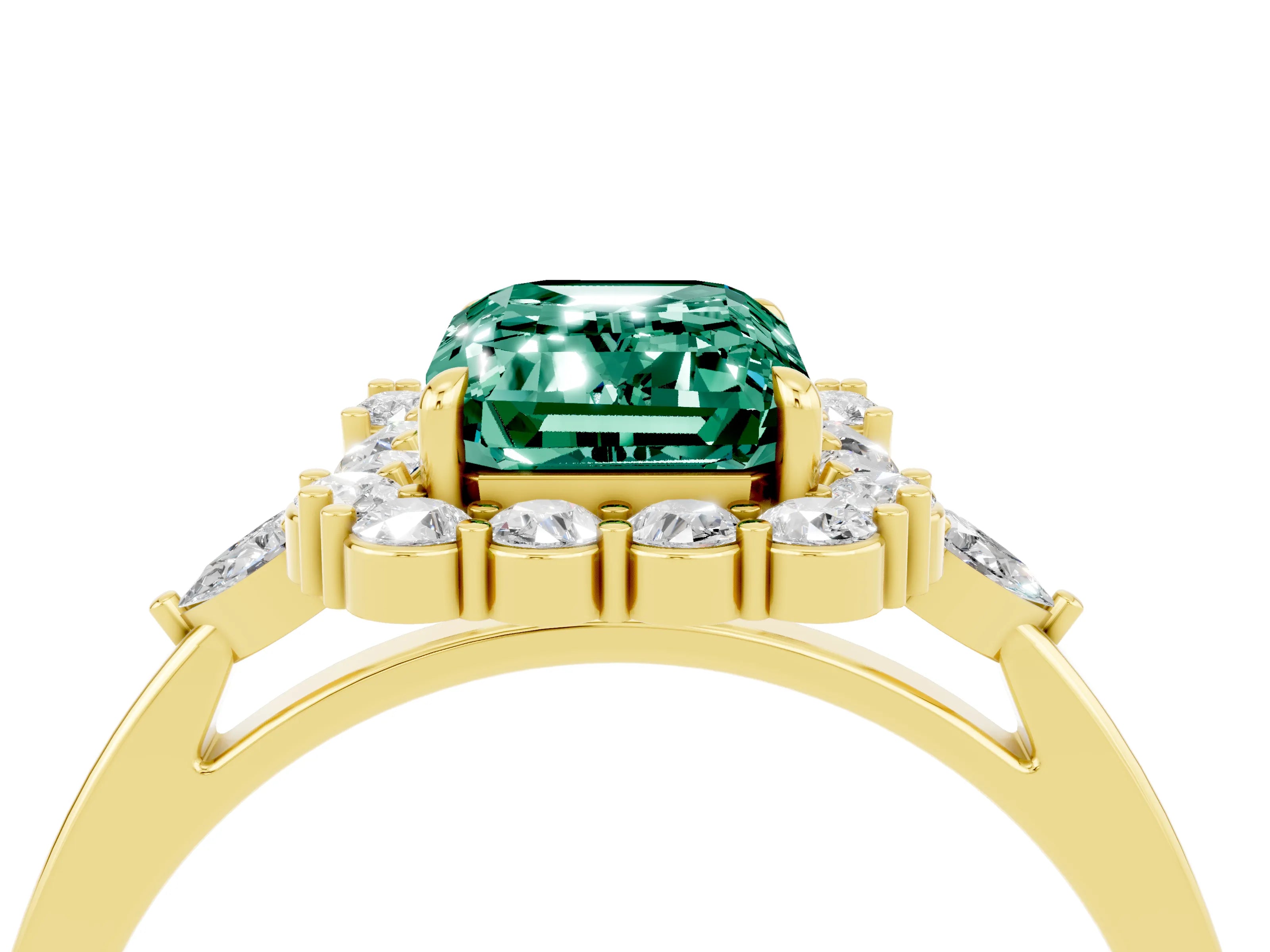 Yellow gold Emerald Cut Green Sapphire Halo Ring with Pear Side Stones and Prong Setting_16