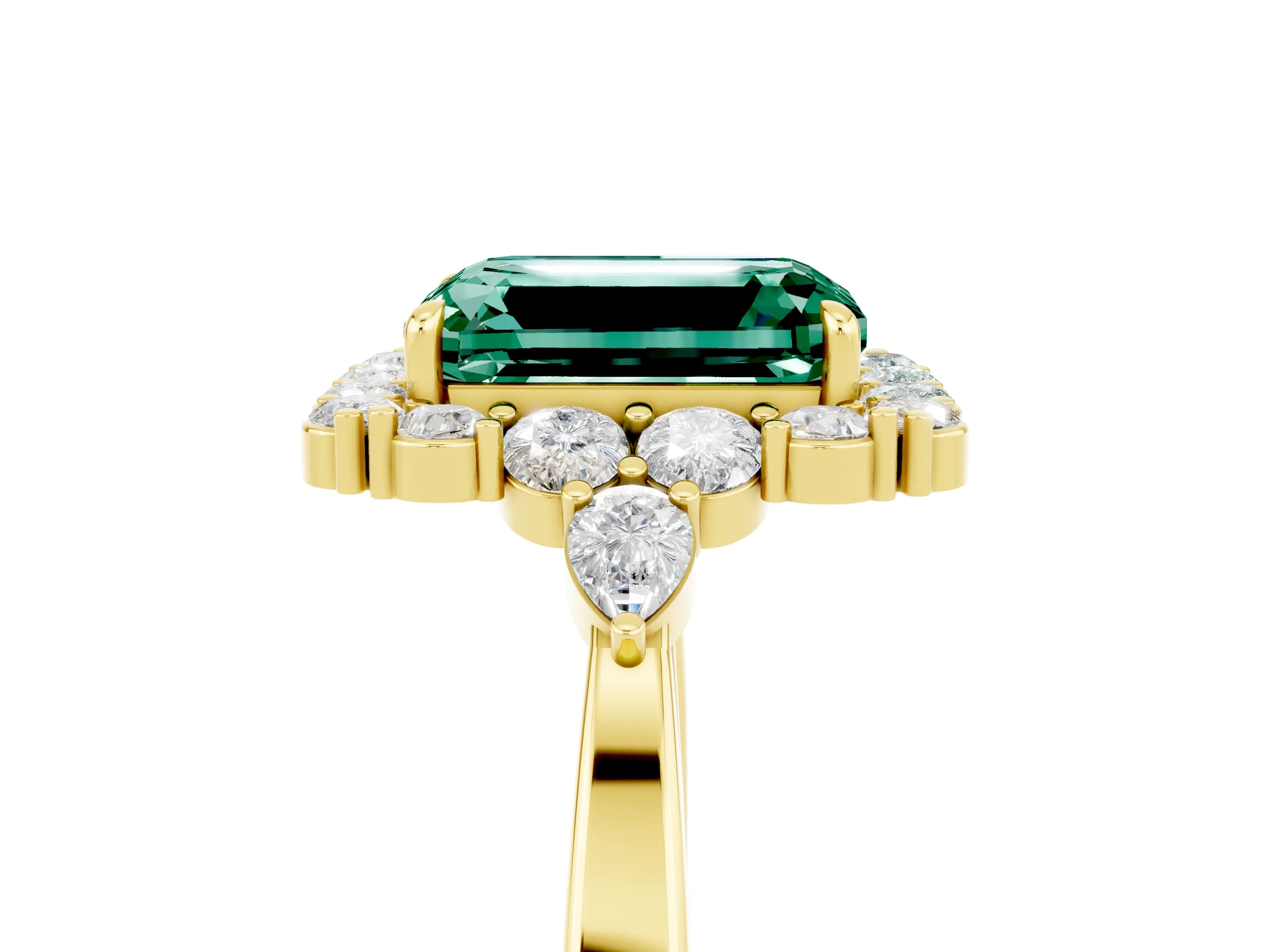Yellow gold Emerald Cut Green Sapphire Halo Ring with Pear Side Stones and Prong Setting_17