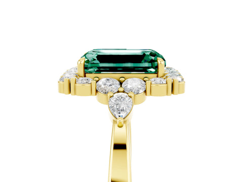 Yellow gold Emerald Cut Green Sapphire Halo Ring with Pear Side Stones and Prong Setting_17