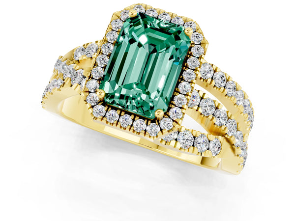 Yellow gold Emerald Cut Green Sapphire Halo Ring with Round Split Shank and Prong Setting